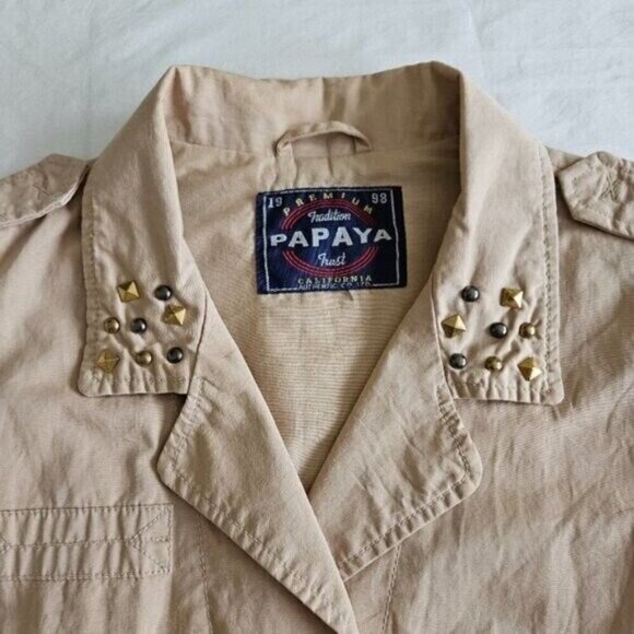 Papaya Vest Womens L Tan Full Zip Studs Pockets Drawstrings Cotton Boho Hippie - Picture 3 of 14